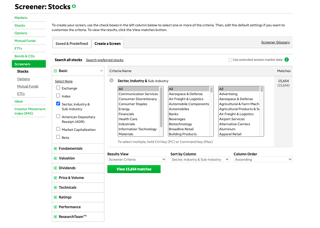 TD Ameritrade's Stock Screener